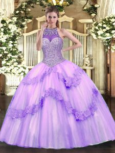 Lavender Lace Up Quinceanera Dress Beading and Appliques Sleeveless Floor Length