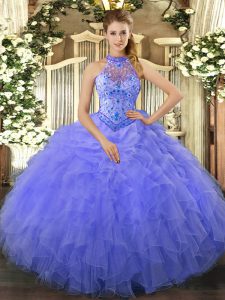 New Arrival Floor Length Blue Sweet 16 Dresses Organza Sleeveless Beading and Embroidery and Ruffles