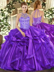 Discount Purple 15th Birthday Dress Military Ball and Quinceanera with Beading and Embroidery and Ruffles Halter Top Sleeveless Lace Up