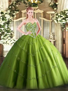 Charming Olive Green Tulle Lace Up Quinceanera Dress Sleeveless Floor Length Beading and Appliques