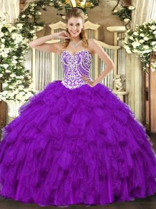 Floor Length Purple Sweet 16 Dresses Tulle Sleeveless Beading and Ruffles