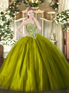 Floor Length Lace Up Womens Party Dresses Olive Green for Military Ball and Sweet 16 and Quinceanera with Beading