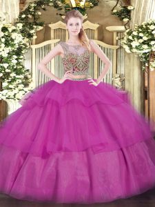 Super Fuchsia Scoop Neckline Beading and Ruffled Layers Ball Gown Prom Dress Sleeveless Lace Up