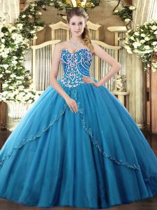 Luxury Sleeveless Tulle Brush Train Lace Up Military Ball Gown in Blue with Beading