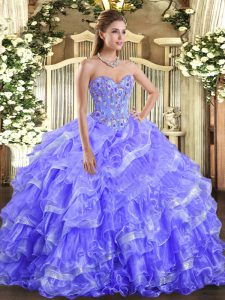 Lavender Quince Ball Gowns Military Ball and Sweet 16 and Quinceanera with Embroidery and Ruffled Layers Sweetheart Sleeveless Lace Up