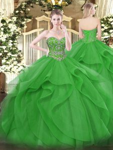 Spectacular Green Sleeveless Floor Length Beading and Ruffles Lace Up Ball Gown Prom Dress