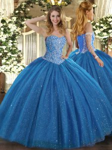 New Style Sweetheart Sleeveless Quinceanera Dress Floor Length Beading Blue Tulle