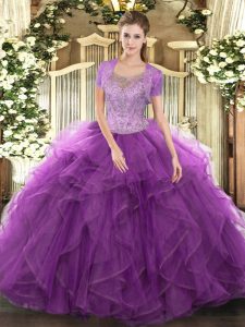 Tulle Sleeveless Floor Length Party Dresses and Beading and Ruffled Layers