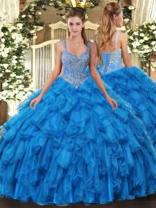 Attractive Blue Ball Gowns Straps Sleeveless Organza Floor Length Lace Up Beading and Ruffles Sweet 16 Quinceanera Dress