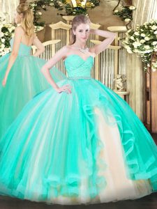 Fashionable Apple Green Ball Gowns Beading and Lace and Ruffles 15th Birthday Dress Zipper Tulle Sleeveless Floor Length