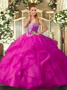 Fuchsia Sleeveless Tulle Lace Up 15th Birthday Dress for Military Ball and Sweet 16 and Quinceanera