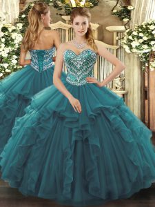Sweetheart Sleeveless Lace Up 15th Birthday Dress Turquoise Tulle
