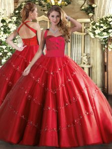 New Style Red Sleeveless Tulle Lace Up 15 Quinceanera Dress for Military Ball and Sweet 16 and Quinceanera