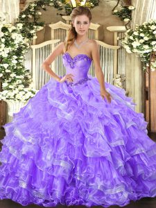 High Quality Sweetheart Sleeveless Quinceanera Gowns Floor Length Beading and Ruffled Layers Lavender Organza