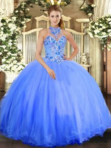Blue Lace Up Sweet 16 Dress Embroidery Sleeveless Floor Length