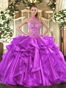 Organza Halter Top Sleeveless Lace Up Beading and Embroidery and Ruffles Sweet 16 Dress in Purple