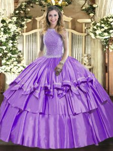 Hot Sale Organza and Taffeta High-neck Sleeveless Lace Up Beading and Ruffled Layers Quince Ball Gowns in Lavender