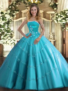 Aqua Blue Sleeveless Floor Length Beading and Appliques and Ruffled Layers Lace Up 15 Quinceanera Dress