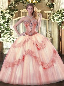 Glamorous Baby Pink Ball Gown Prom Dress Sweet 16 and Quinceanera with Beading and Appliques Sweetheart Sleeveless Lace Up