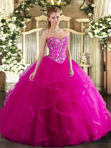 Ball Gowns Sweet 16 Dress Fuchsia Sweetheart Tulle Sleeveless Floor Length Lace Up