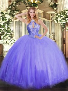 Inexpensive Lavender Lace Up Halter Top Beading 15 Quinceanera Dress Tulle Sleeveless