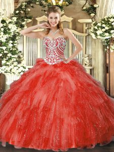 Coral Red Ball Gowns Beading and Ruffles Quinceanera Gown Side Zipper Tulle Sleeveless Floor Length