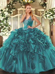 On Sale Teal Lace Up Quinceanera Gowns Beading and Ruffles Sleeveless Floor Length