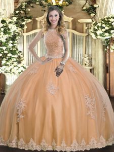Peach 15 Quinceanera Dress Military Ball and Sweet 16 and Quinceanera with Beading and Appliques High-neck Sleeveless Lace Up
