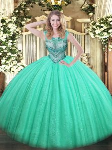 Beautiful Turquoise Sleeveless Beading Floor Length Quinceanera Dress