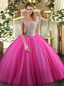 Hot Sale Hot Pink Lace Up Off The Shoulder Beading Quinceanera Gowns Tulle Sleeveless