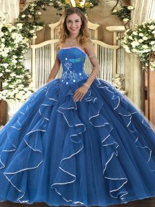 Edgy Blue Sleeveless Tulle Lace Up Quince Ball Gowns for Military Ball and Sweet 16 and Quinceanera