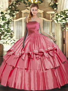Customized Coral Red Lace Up Quince Ball Gowns Ruffled Layers Sleeveless Floor Length