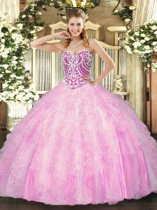 Customized Floor Length Lace Up Quinceanera Gowns Rose Pink for Military Ball and Sweet 16 and Quinceanera with Beading and Ruffles