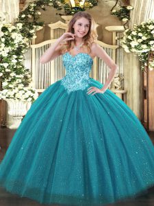 Teal Tulle and Sequined Lace Up Quinceanera Dress Sleeveless Floor Length Appliques