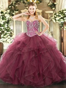 Vintage Sleeveless Tulle Floor Length Lace Up Vestidos de Quinceanera in Burgundy with Beading and Ruffles