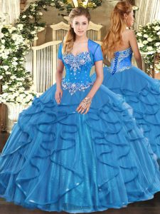 Exquisite Baby Blue Lace Up Sweetheart Beading and Ruffles Ball Gown Prom Dress Tulle Sleeveless