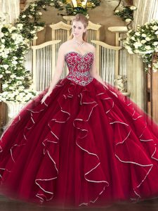 Fancy Wine Red Sleeveless Tulle Lace Up Vestidos de Quinceanera for Military Ball and Sweet 16 and Quinceanera