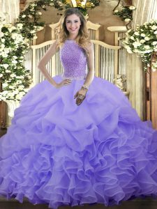 Lavender Sleeveless Organza Lace Up Quinceanera Gown for Military Ball and Sweet 16 and Quinceanera