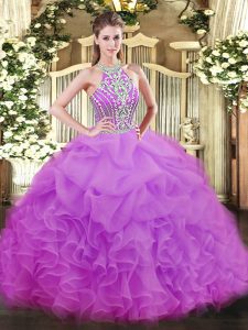 Fantastic Lilac Ball Gowns Tulle Halter Top Sleeveless Beading and Ruffles Floor Length Lace Up 15 Quinceanera Dress