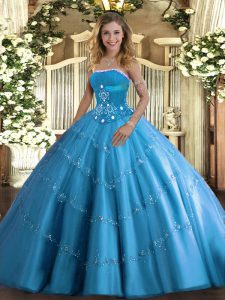 Simple Tulle Sleeveless Floor Length Sweet 16 Dresses and Beading and Appliques
