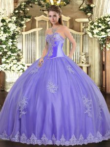High Quality Floor Length Lace Up Quince Ball Gowns Lavender for Military Ball and Sweet 16 and Quinceanera with Beading and Appliques