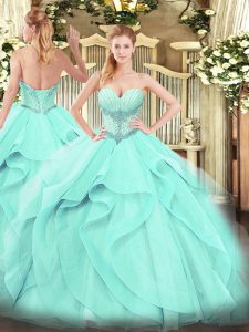 Hot Selling Aqua Blue Tulle Lace Up Sweet 16 Quinceanera Dress Sleeveless Floor Length Beading and Ruffles