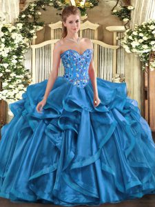 Glittering Blue Sleeveless Floor Length Embroidery and Ruffles Lace Up Sweet 16 Dress