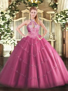Hot Pink Lace Up Halter Top Lace and Appliques Quinceanera Dresses Tulle Sleeveless