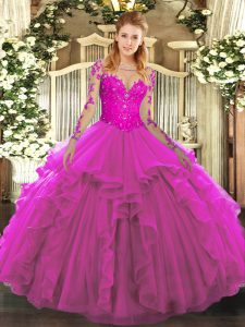 Smart Ball Gowns Sweet 16 Dresses Fuchsia Scoop Tulle Long Sleeves Floor Length Lace Up