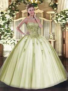 Olive Green Lace Up Sweetheart Beading Quinceanera Gown Tulle Sleeveless