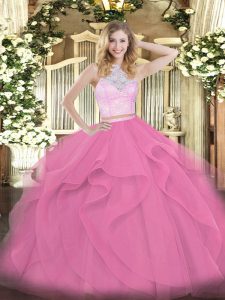 Pretty Floor Length Zipper Vestidos de Quinceanera Rose Pink for Military Ball and Sweet 16 and Quinceanera with Lace and Ruffles