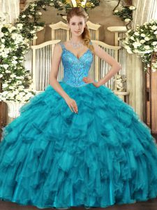 Floor Length Lace Up 15th Birthday Dress Teal for Military Ball and Sweet 16 and Quinceanera with Beading and Ruffles