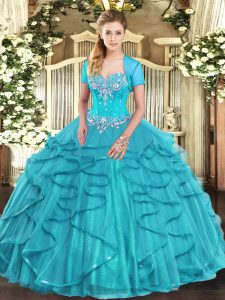 Aqua Blue Sleeveless Floor Length Beading and Ruffles Lace Up Military Ball Gown