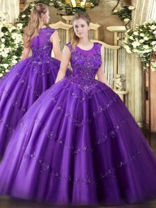 Fine Purple Sleeveless Tulle Zipper 15 Quinceanera Dress for Military Ball and Sweet 16 and Quinceanera
